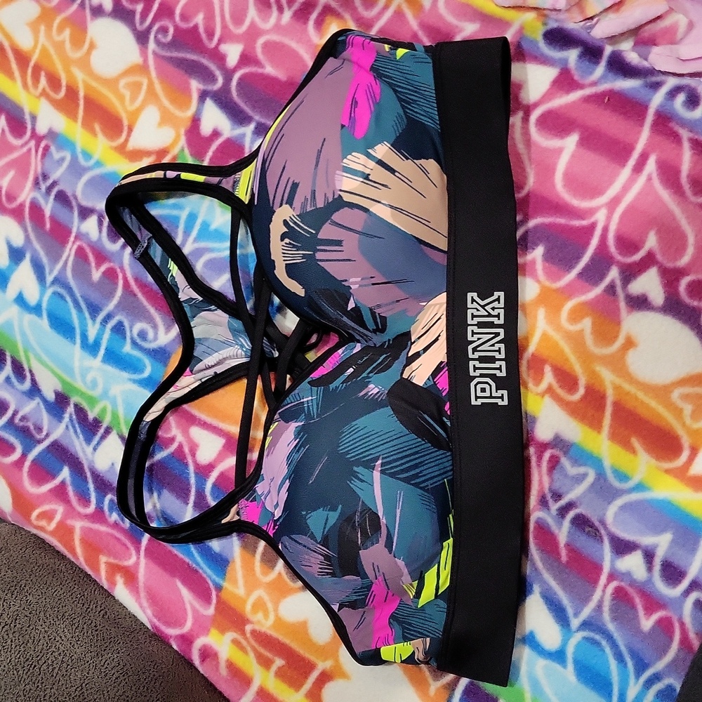 PINK Victoria's Secret Multicolor Floral Strappy Sports Bra with Black Band